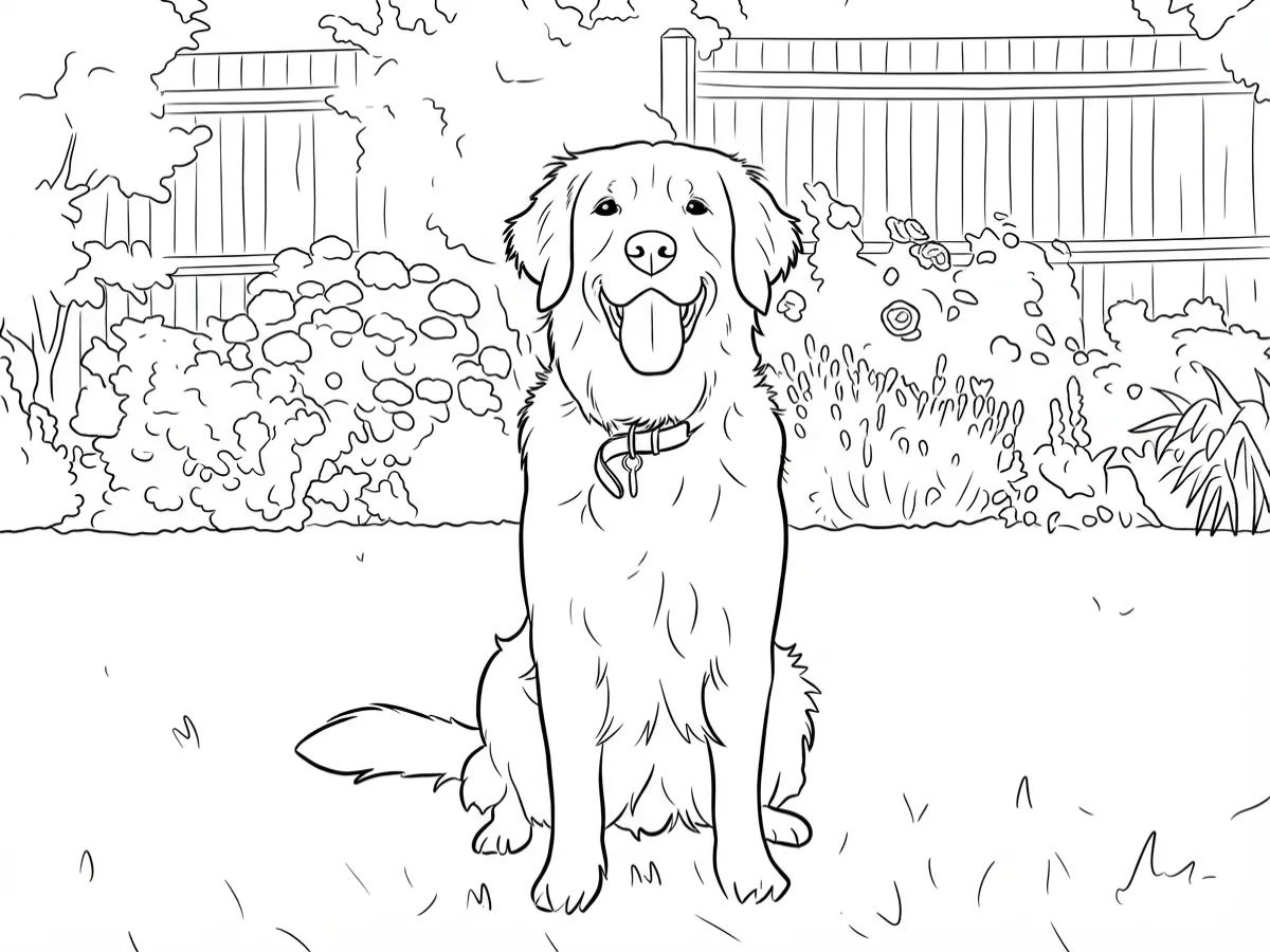 The same dog photo as a coloring page with clean bold outlines on white