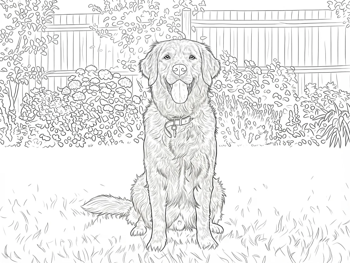 The same dog photo as a detailed coloring page with fine intricate line art