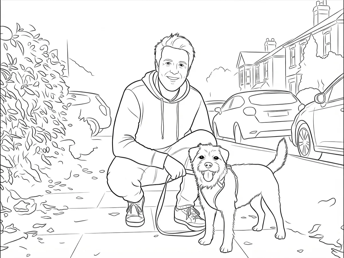 A photo of a man crouching beside his terrier converted into a black-and-white coloring page