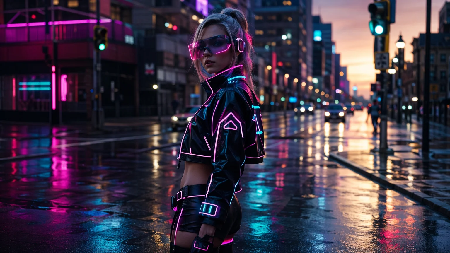 夕暮れの街並みを背景にした、オリジナルSF衣装のコスプレイヤーのロケ撮影風フォトリアル写真