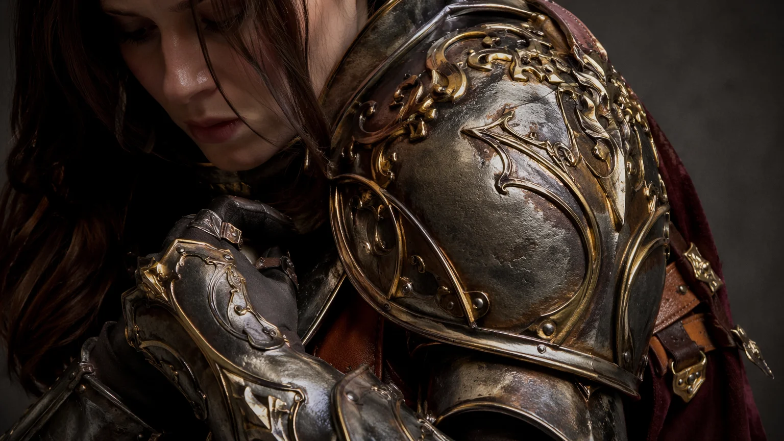 精緻なエングレービングを施したオリジナルのファンタジー鎧を着たコスプレイヤーのディテールショット