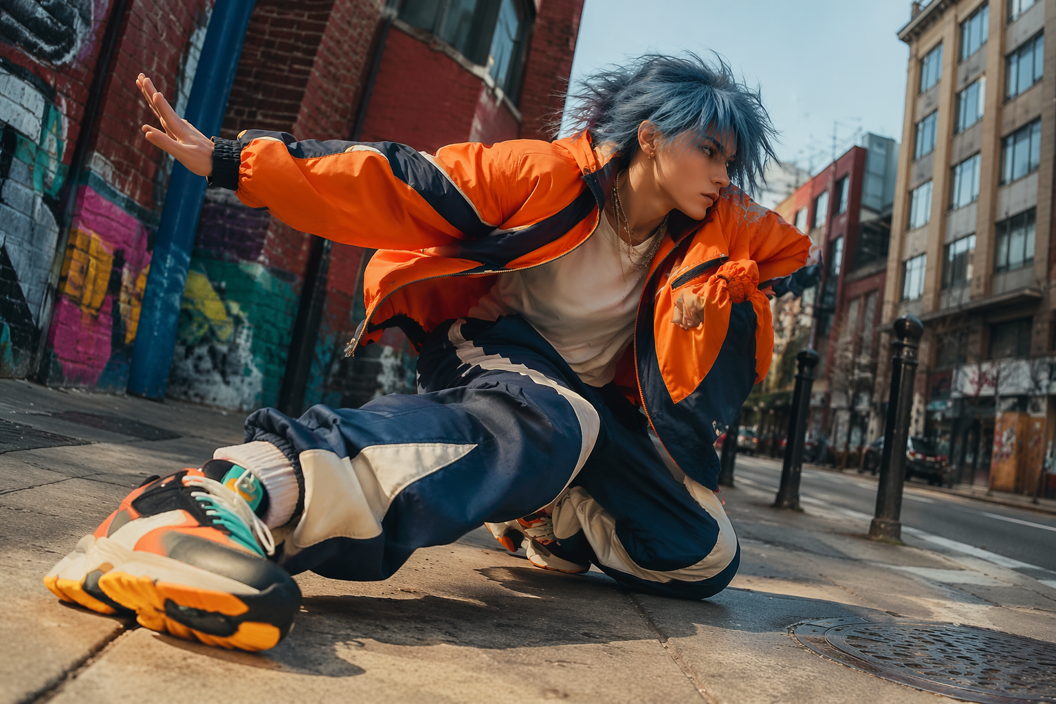 Un personaje ficticio realizando enérgicos movimientos de hip-hop callejero con dinámica corporal fluida