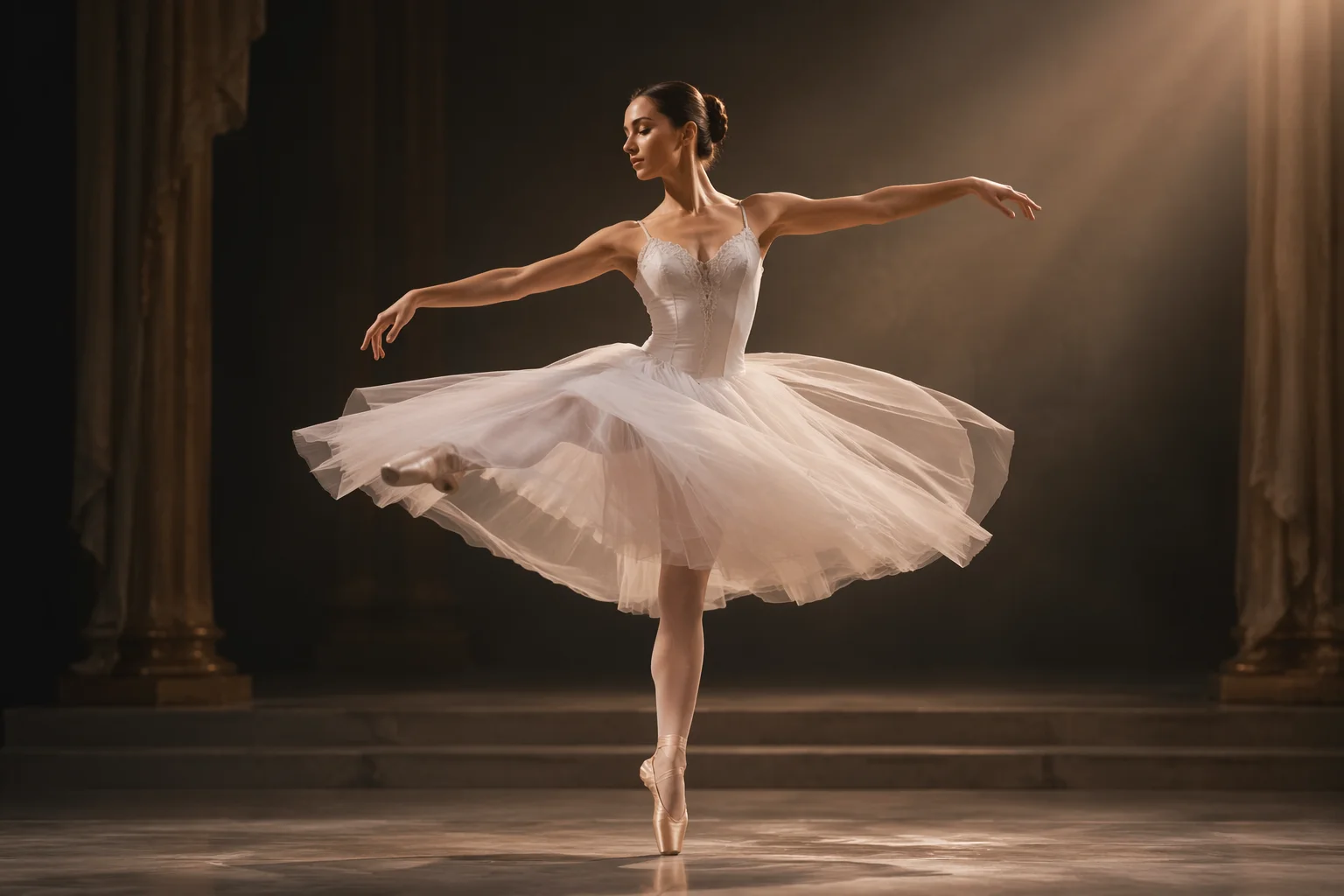 Una bailarina ficticia en gracioso movimiento de ballet con falda ondulante y expresivos brazos