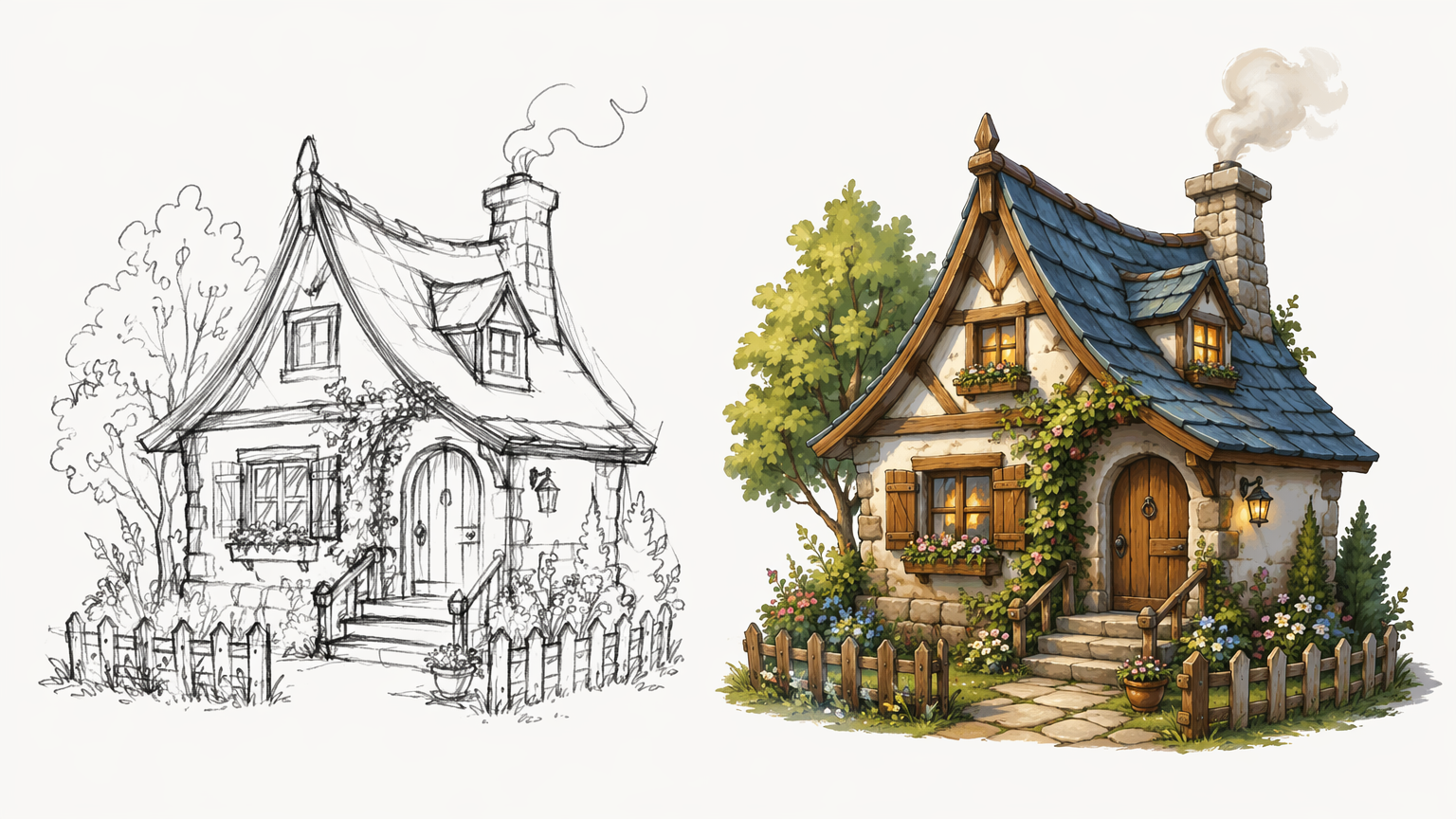 ラフな小屋の落書きを完成した色付きイラストに仕上げ、並べて見せた様子