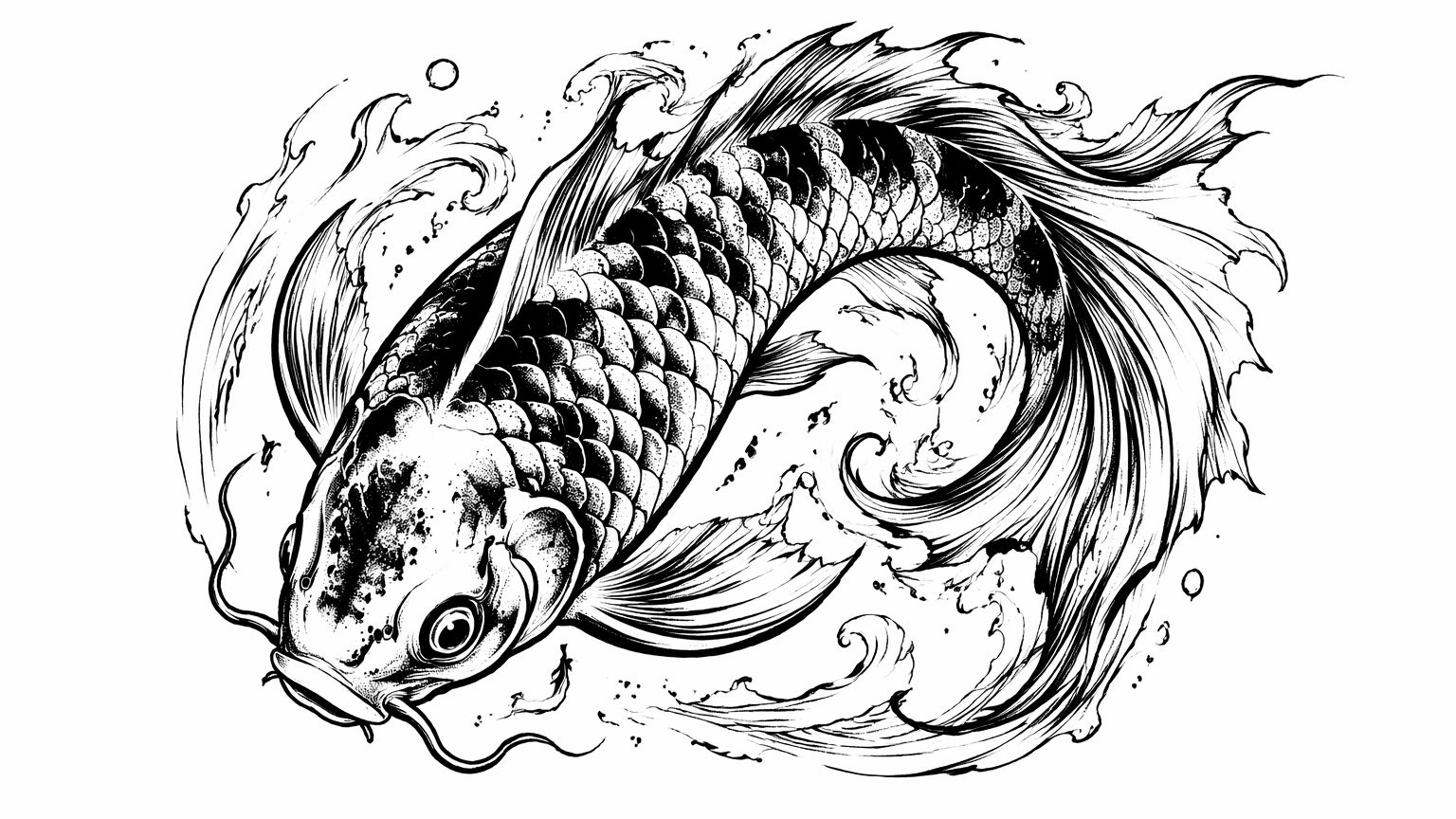 白地に黒のペン＆インクで描いた、オリジナルの鯉