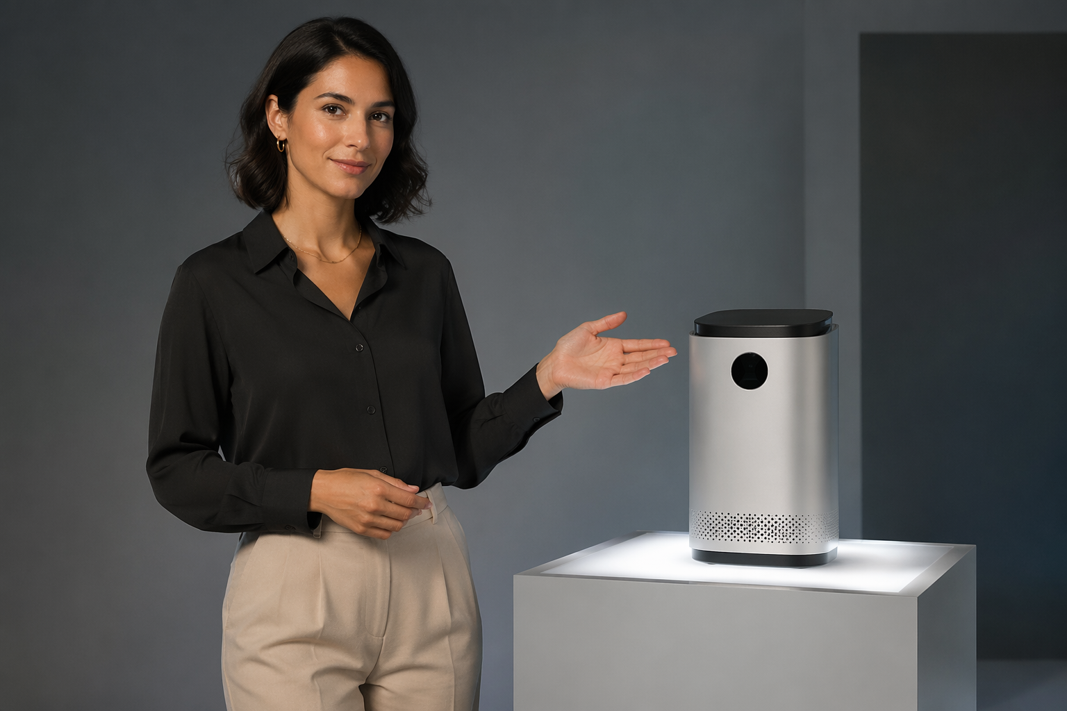 AI presenter walking through a product explainer video with item displayed on a lit pedestal