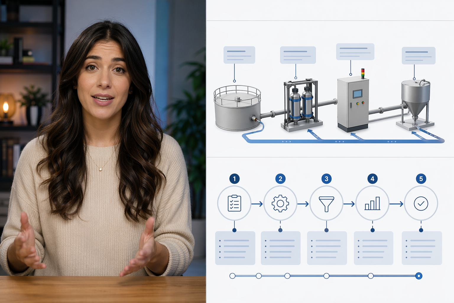AI presenter delivering step-by-step narration alongside process diagram in a how-it-works explainer video