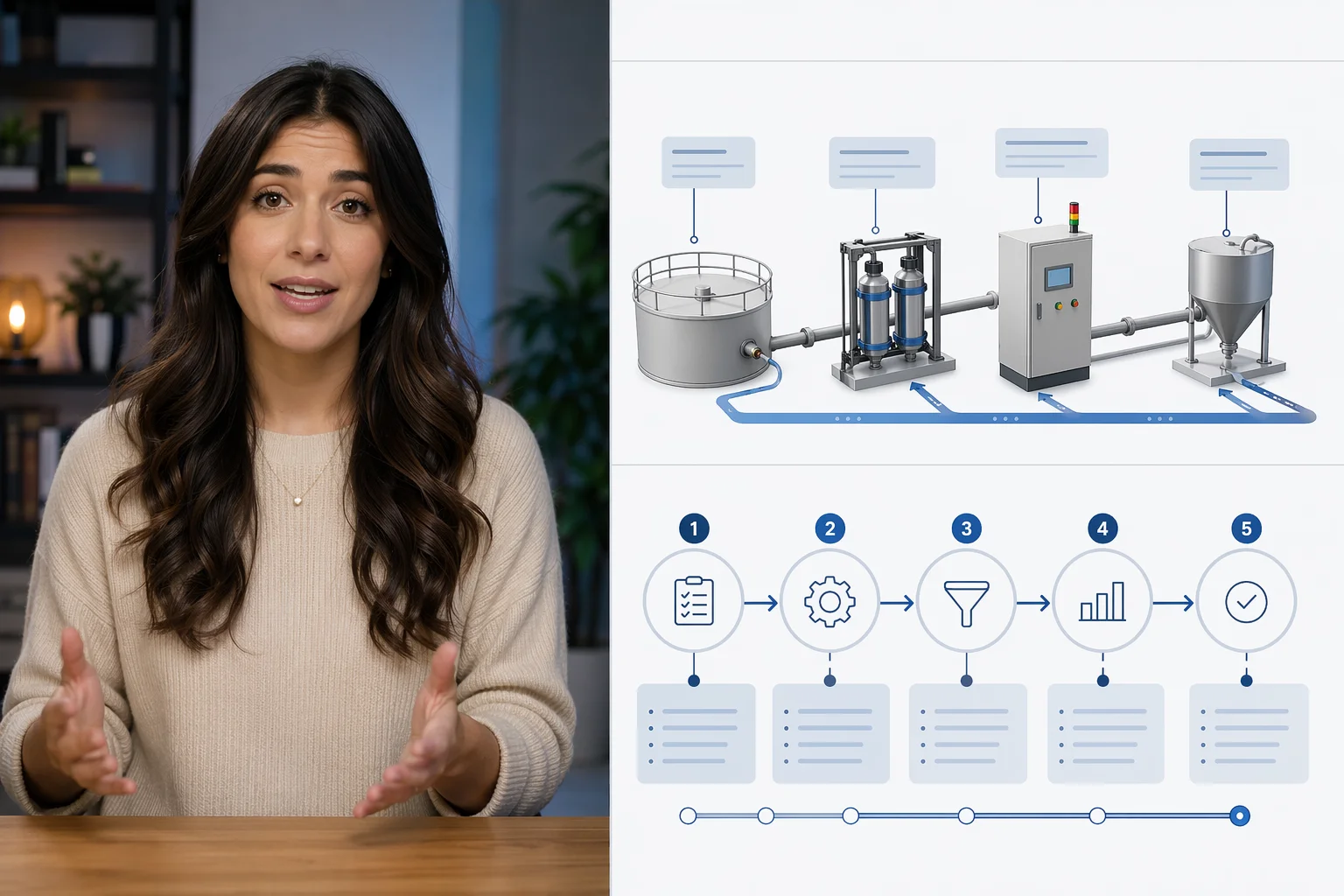 AI presenter delivering step-by-step narration alongside process diagram in a how-it-works explainer video