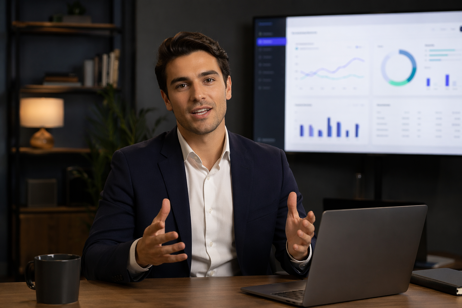 AI presenter in office setting introducing a SaaS feature walkthrough to camera
