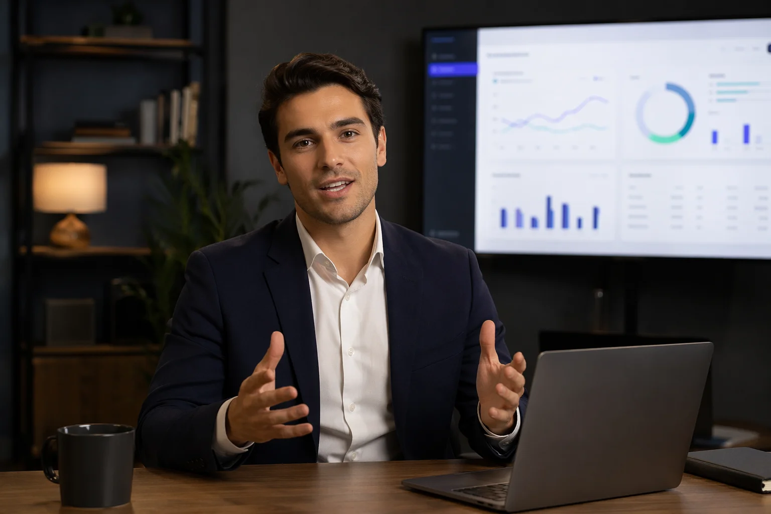 AI presenter in office setting introducing a SaaS feature walkthrough to camera