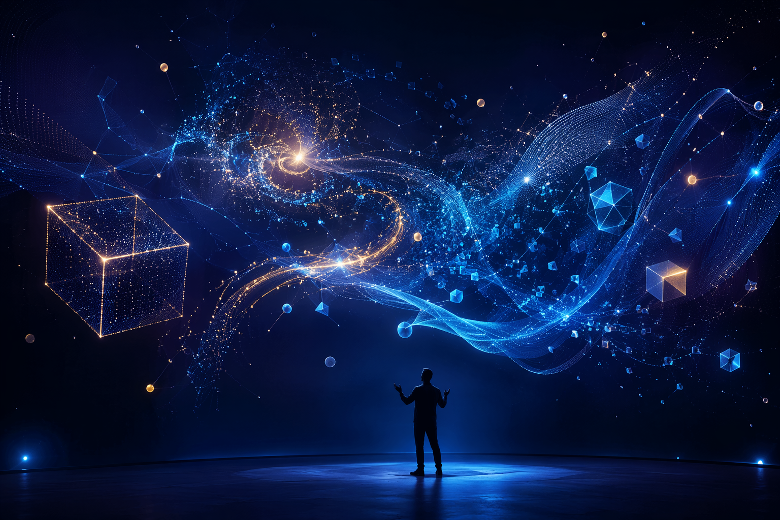 Abstract concept overview with glowing geometric visuals and AI presenter narrating to camera