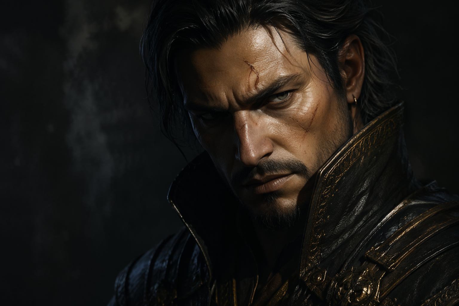 AI-generated fictional character face with dramatic side-lighting for a concept art project