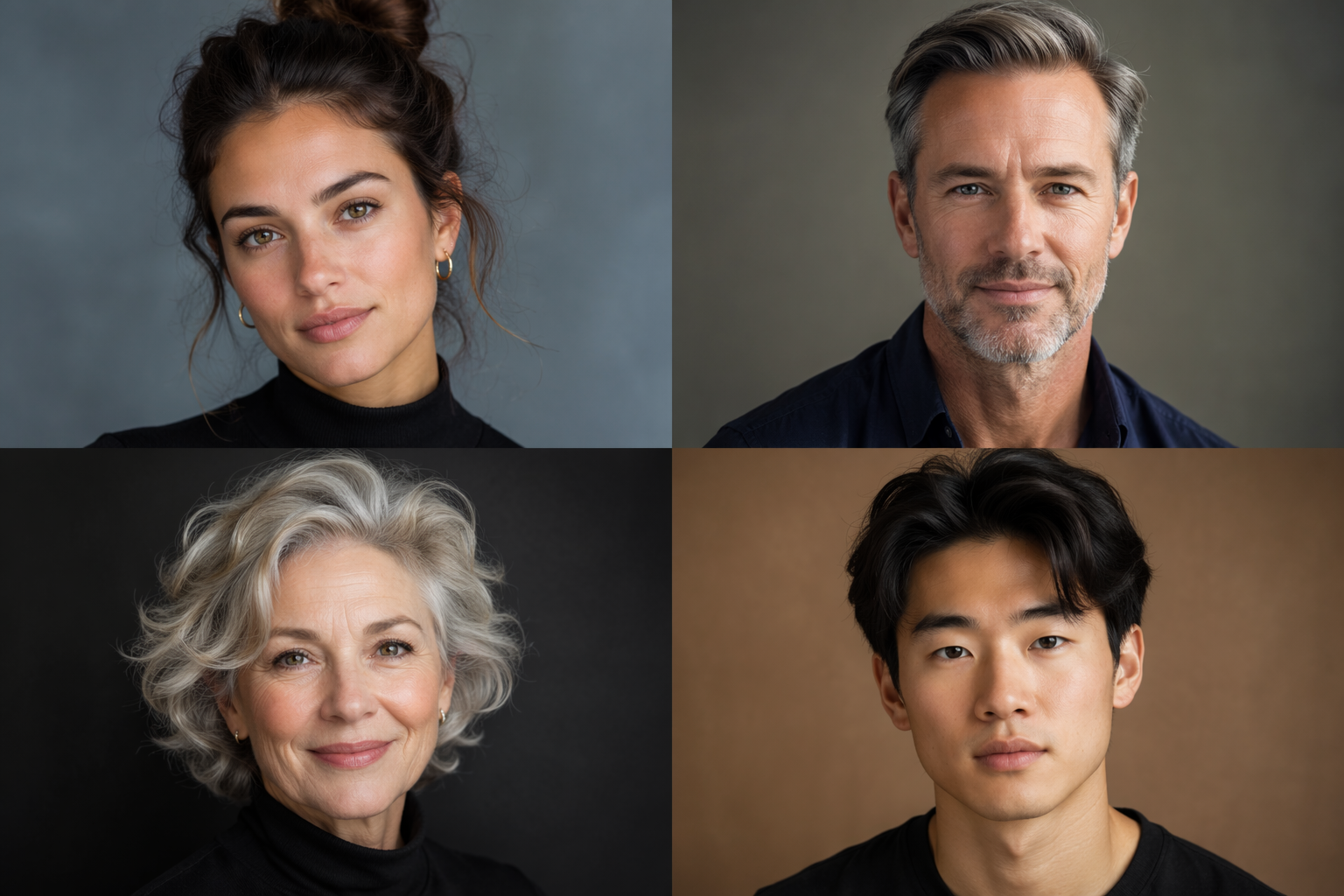 Grid of four AI-generated fictional faces of diverse ages and ethnicities for a portrait set