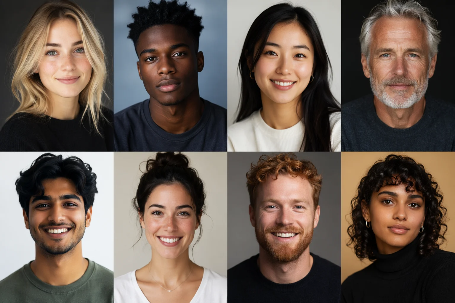 A grid of diverse, photorealistic AI-generated faces of fictional people who do not exist