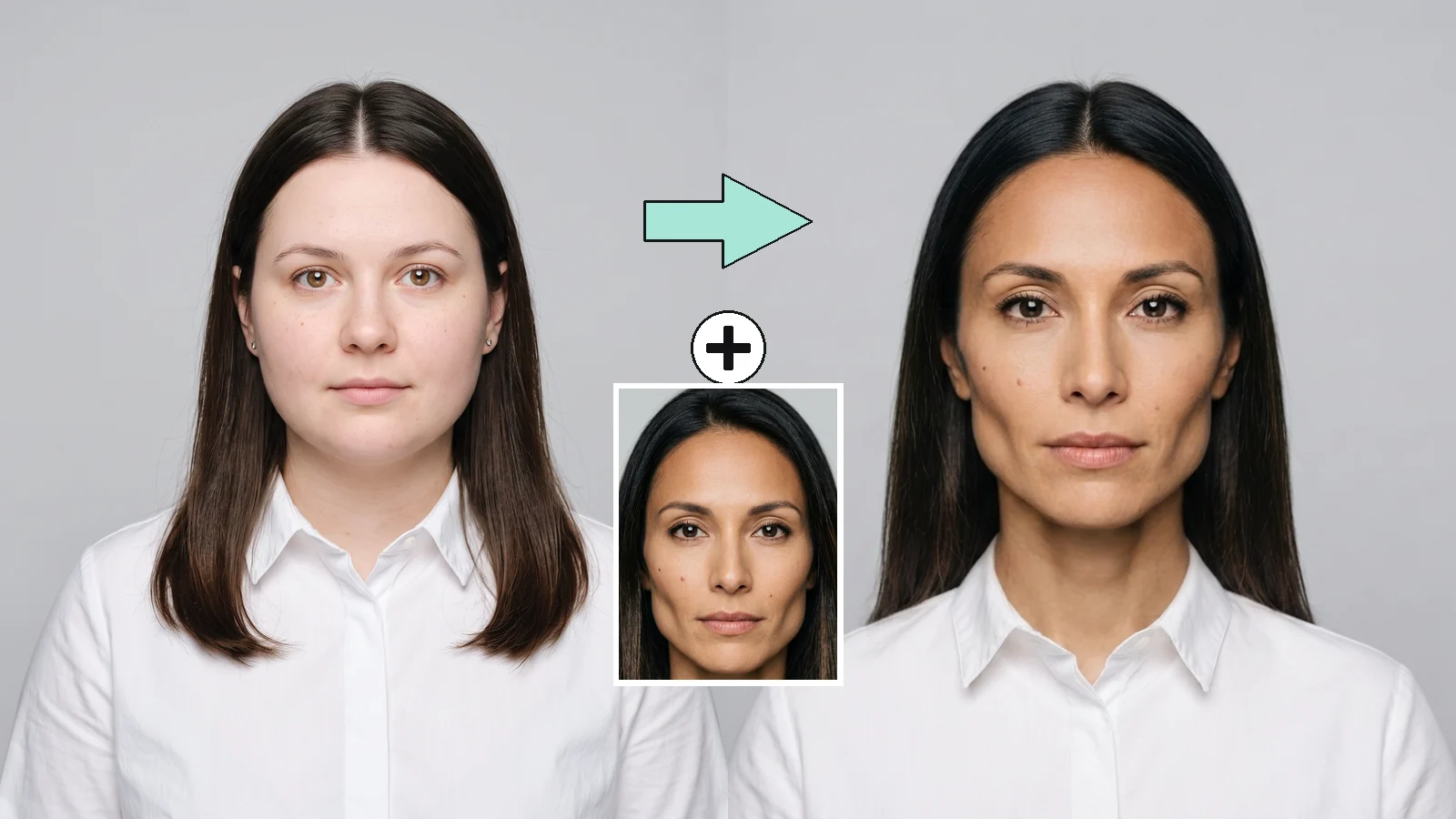AI face swap run one: a studio headshot before and after, with the source face shown below