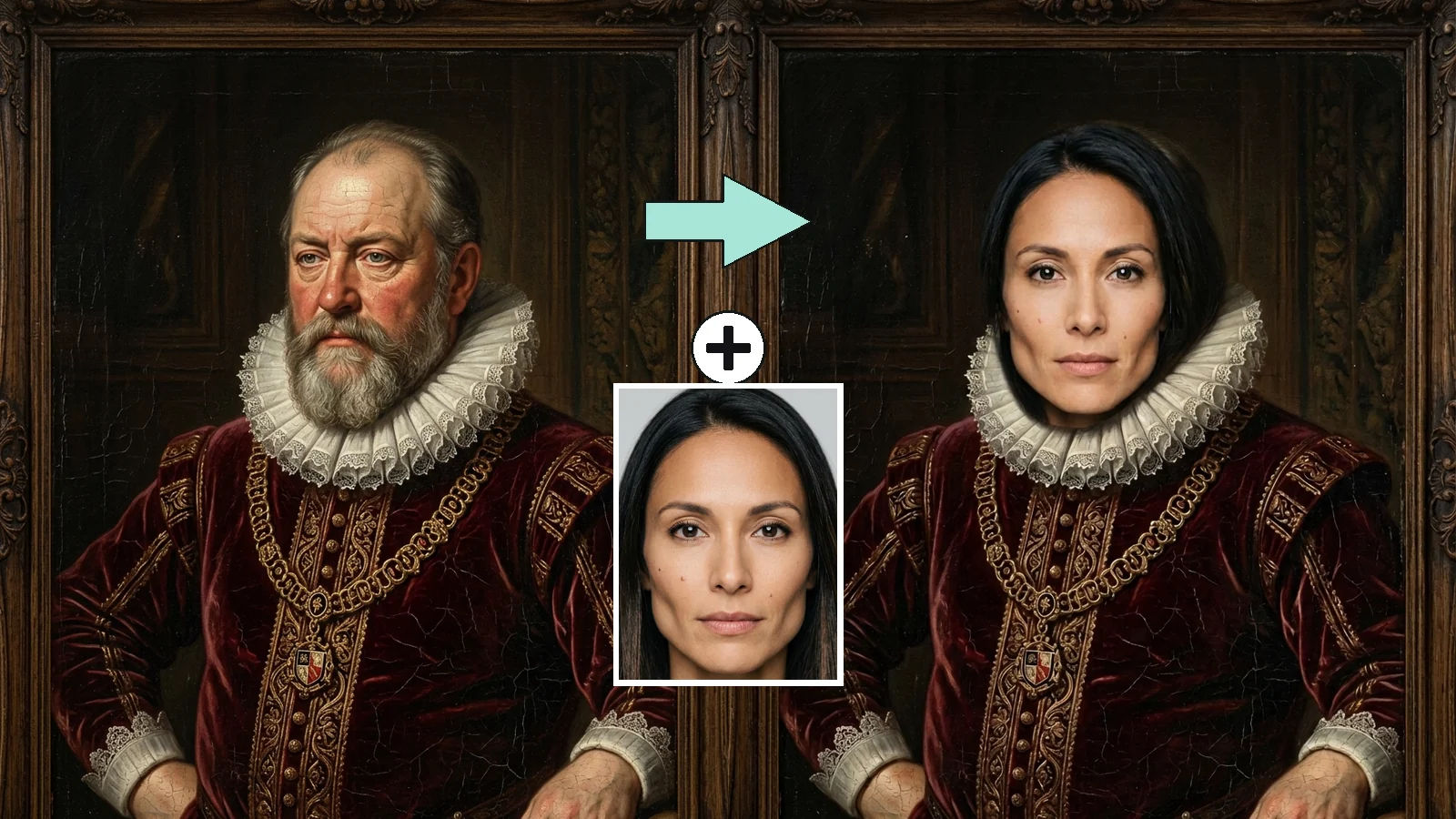 AI face swap run two: a Renaissance oil portrait before and after, showing the hair arriving with the new face