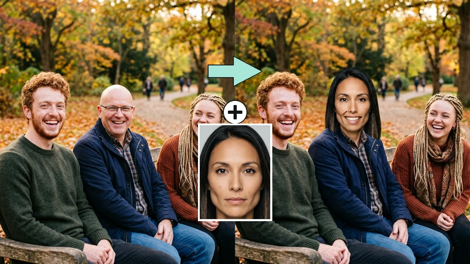 AI face swap run three: a three-person park bench photo before and after swapping the middle face