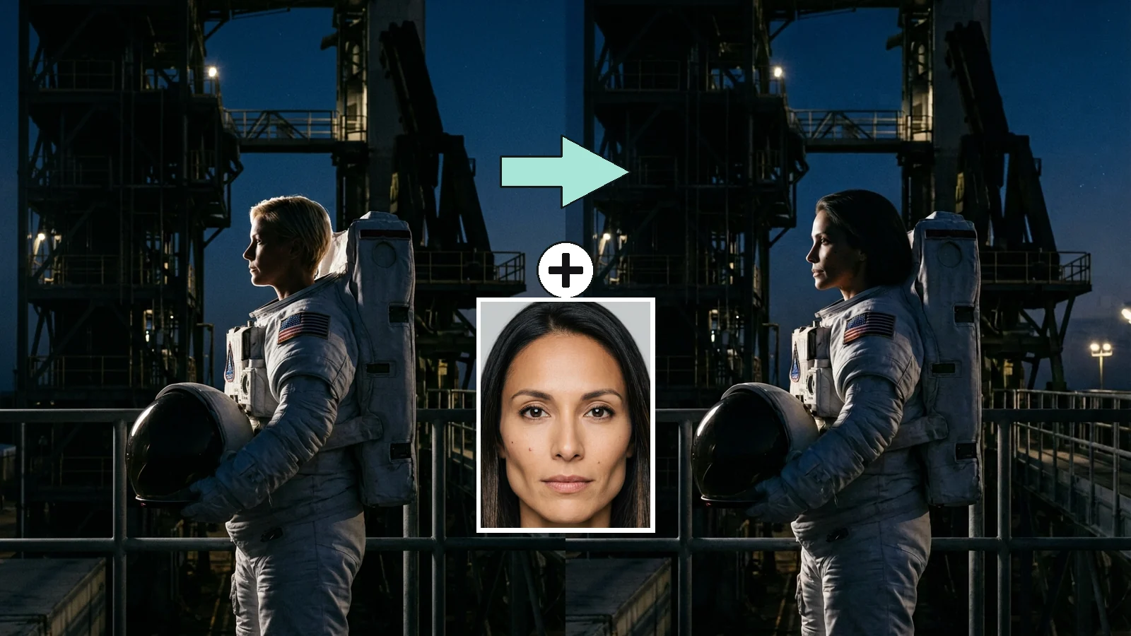 AI face swap run four: an astronaut in strict side profile before and after, showing the likeness failing to carry