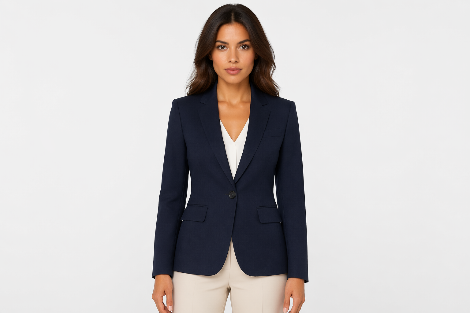 AI-generated model wearing a structured blazer on a clean white studio backdrop