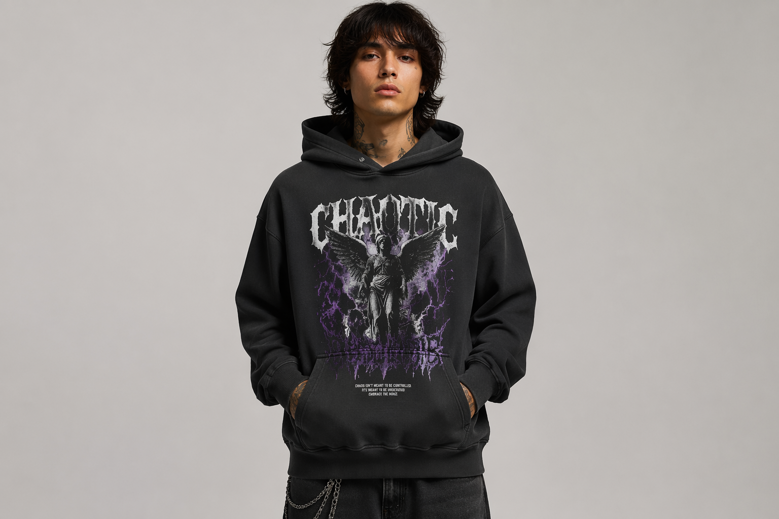 AI-generated model wearing a graphic hoodie shown from the front for a streetwear listing
