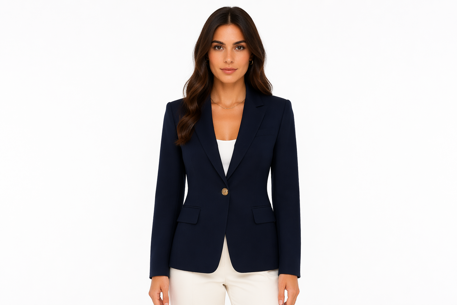 A photoreal AI-generated fashion model wearing a structured blazer, rendered for an ecommerce listing