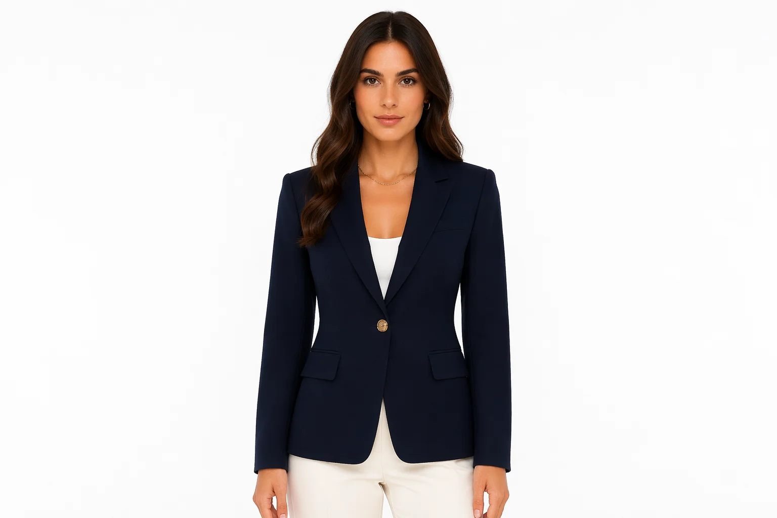 A photoreal AI-generated fashion model wearing a structured blazer, rendered for an ecommerce listing