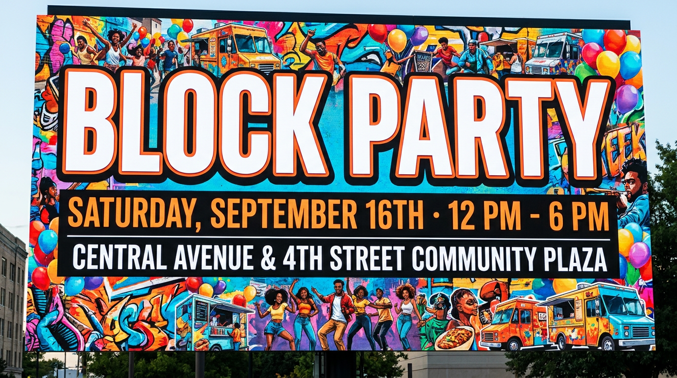 AI-generated event flyer with bold headline, date, and venue text on a vibrant background