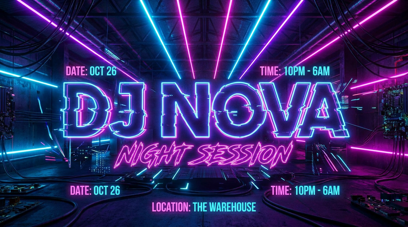AI-generated club night flyer with neon accents and DJ name typography