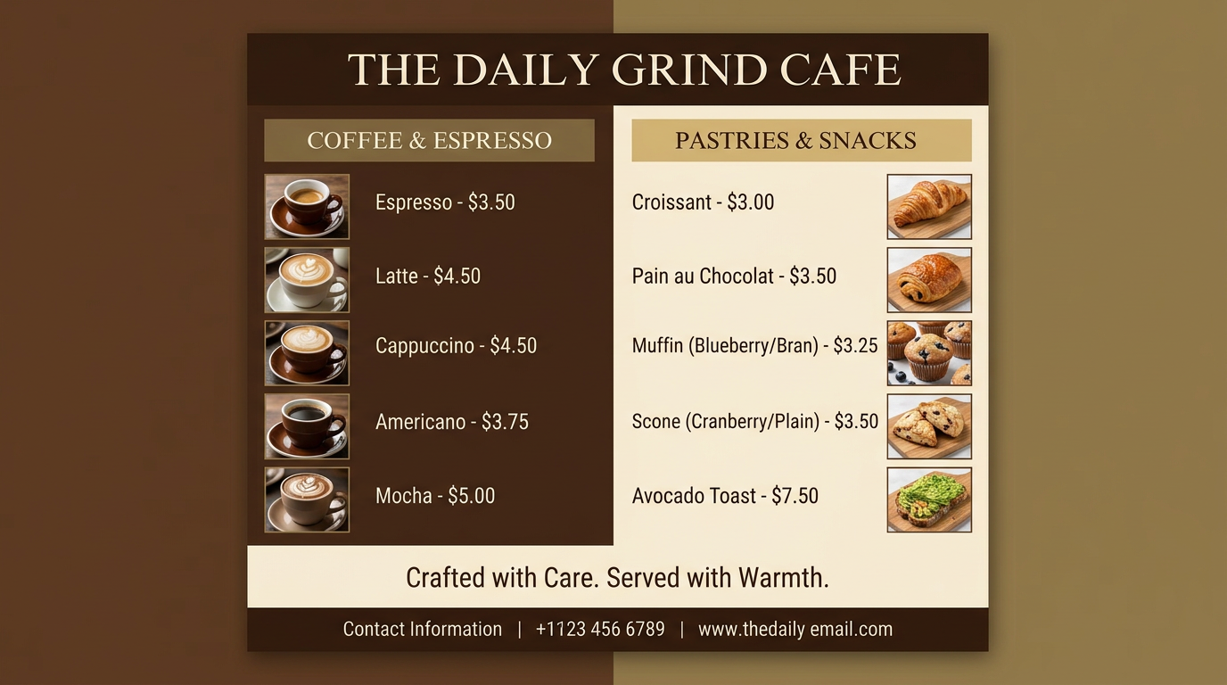 AI-generated café menu flyer with food items and warm tones