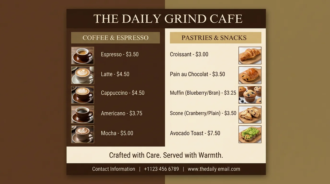 AI-generated café menu flyer with food items and warm tones