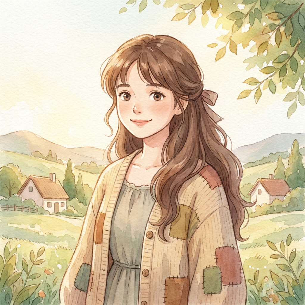 A selfie restyled as a soft hand-drawn Ghibli-inspired anime portrait with watercolor background