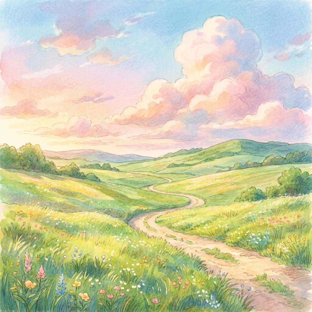 A landscape photo restyled into a painterly Ghibli-inspired countryside with pastel sky and rolling fields