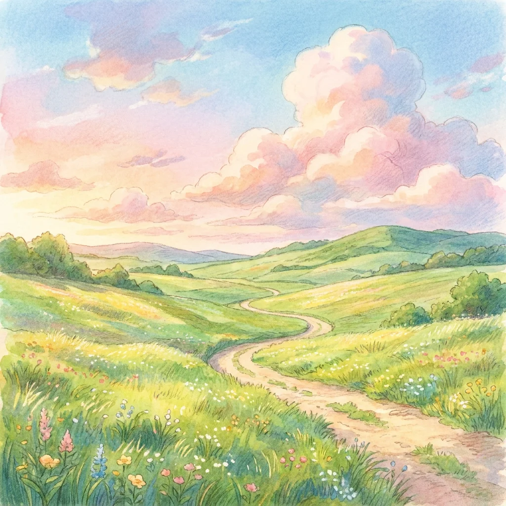 Uma foto de paisagem reestilizada em um campo pintado à mão, inspirado em Ghibli, com céu pastel e campos ondulantes
