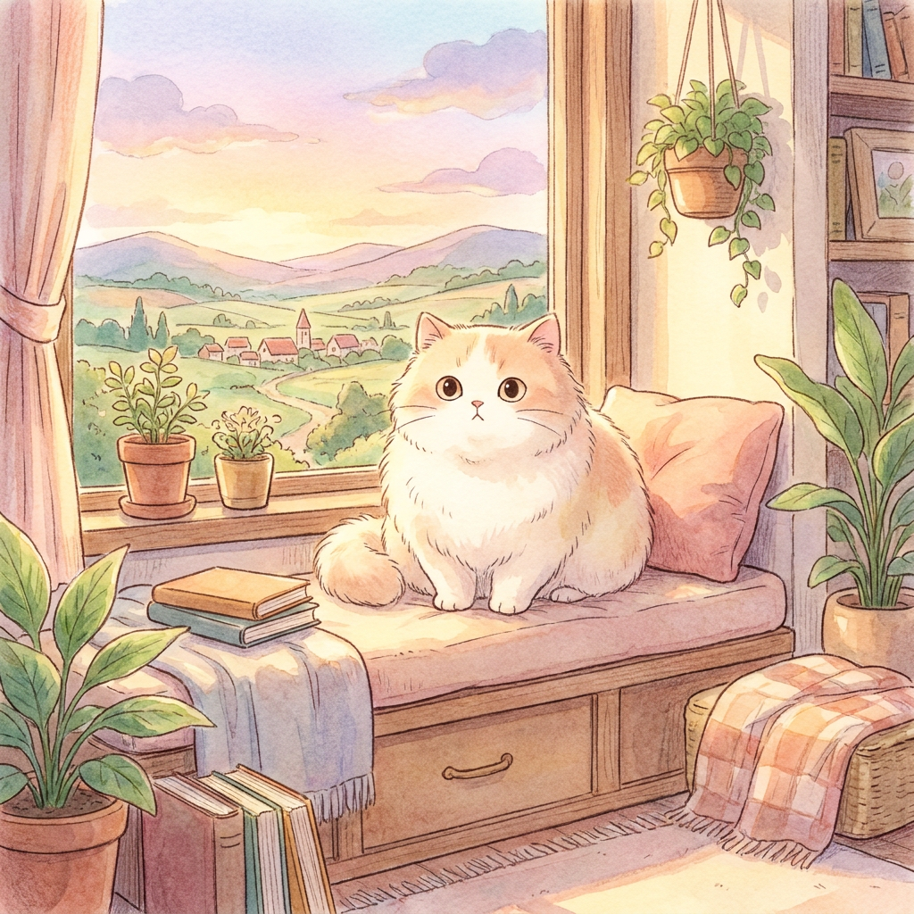 A pet photo restyled into a soft storybook Ghibli-inspired character illustration