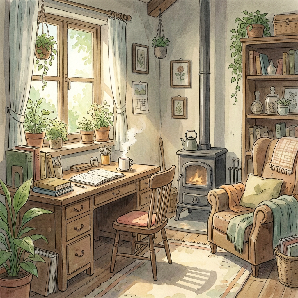An interior photo restyled into a warm hand-painted Ghibli-inspired room with afternoon light