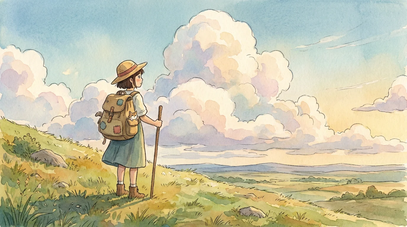 A real photo restyled into a soft, hand-painted Ghibli-inspired anime illustration with a pastel sky and warm light