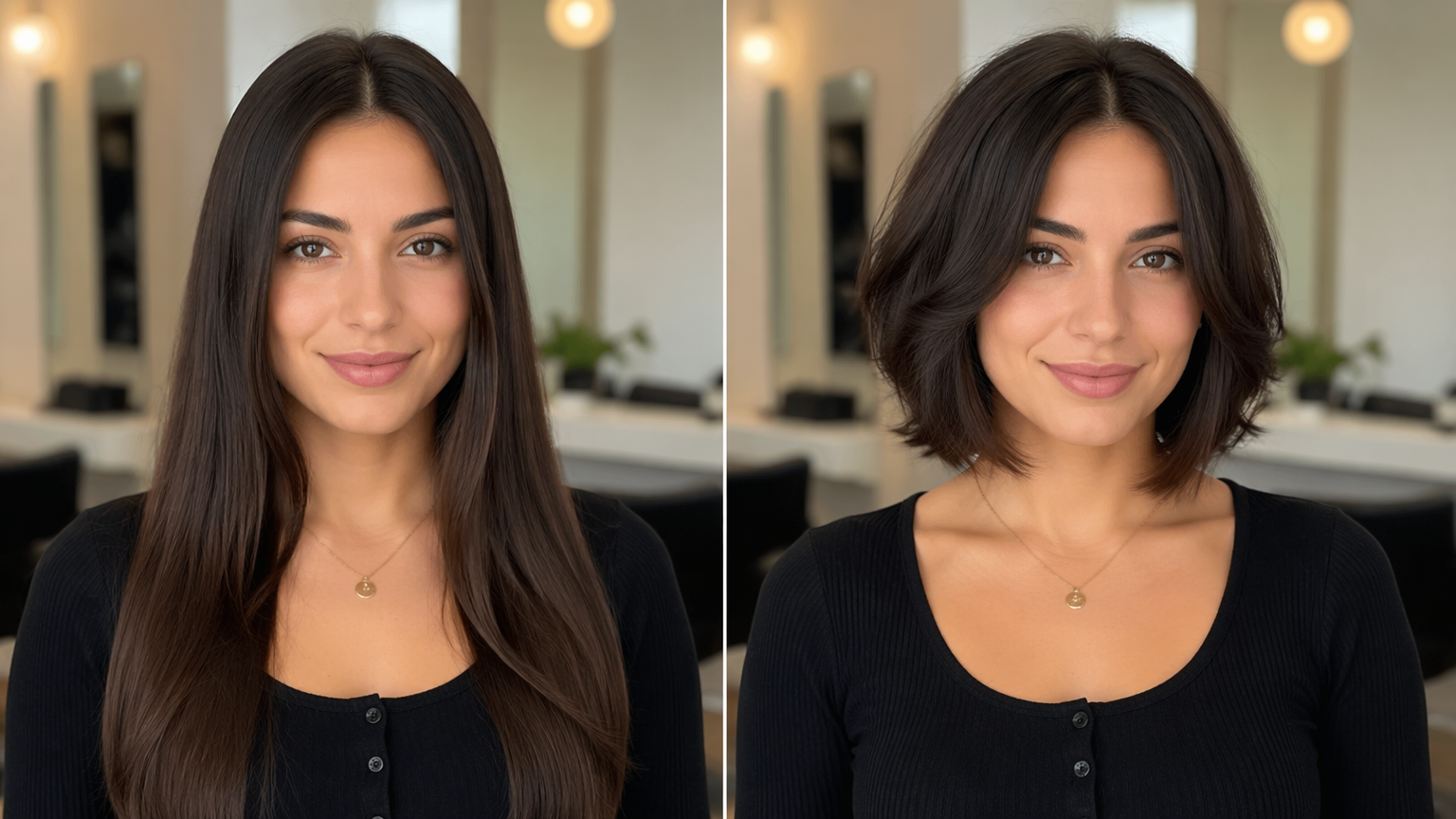 Before and after of the same woman — long straight hair versus a short layered bob
