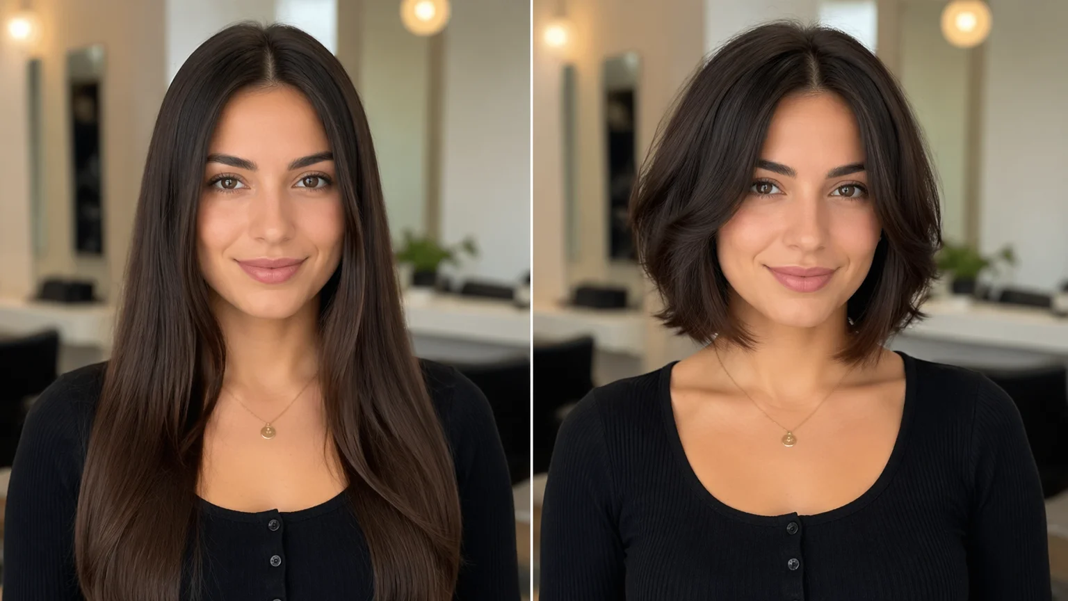 同じ女性の前後比較。ロングストレートと、ショートのレイヤーボブ