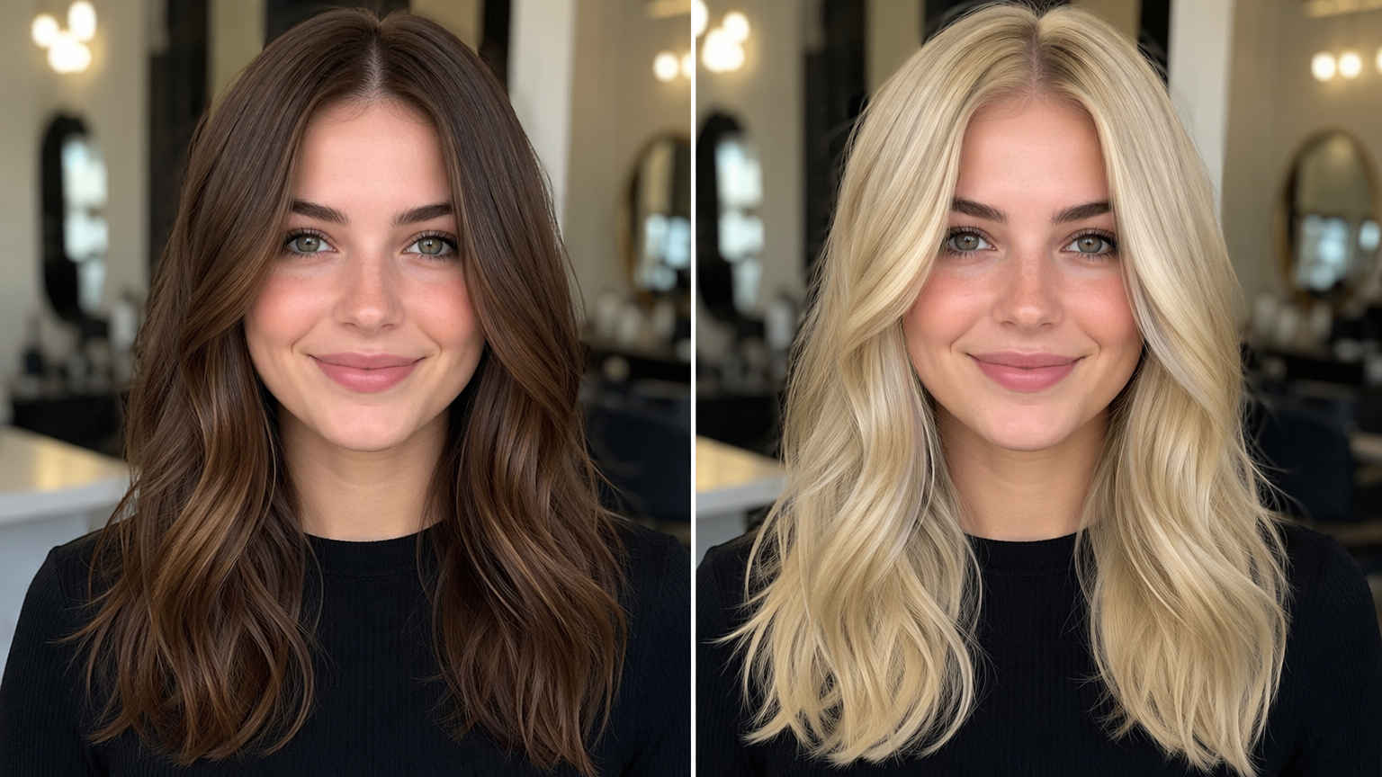 Before and after of the same woman — dark brown hair versus platinum blonde