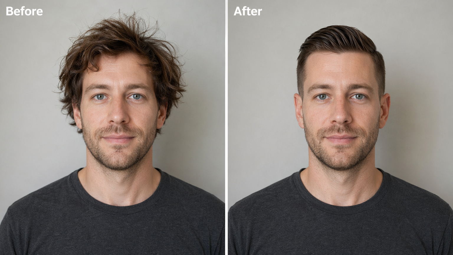 Before and after of the same man — messy hair versus a clean professional haircut