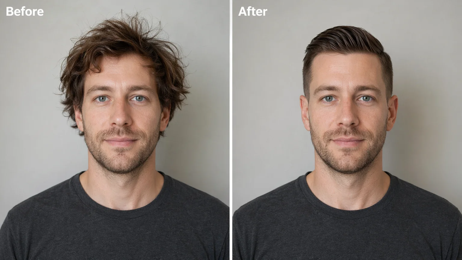 同じ男性の前後比較。乱れた髪と、清潔でビジネス向けのヘアカット
