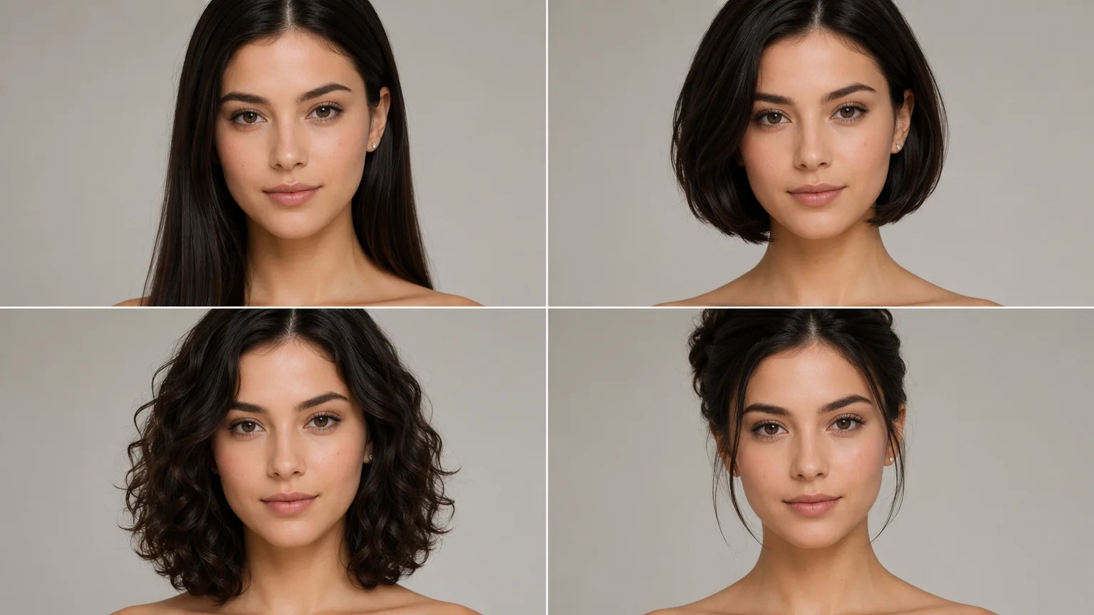 The same face shown with four different hairstyles — long straight, bob, curly, and an updo