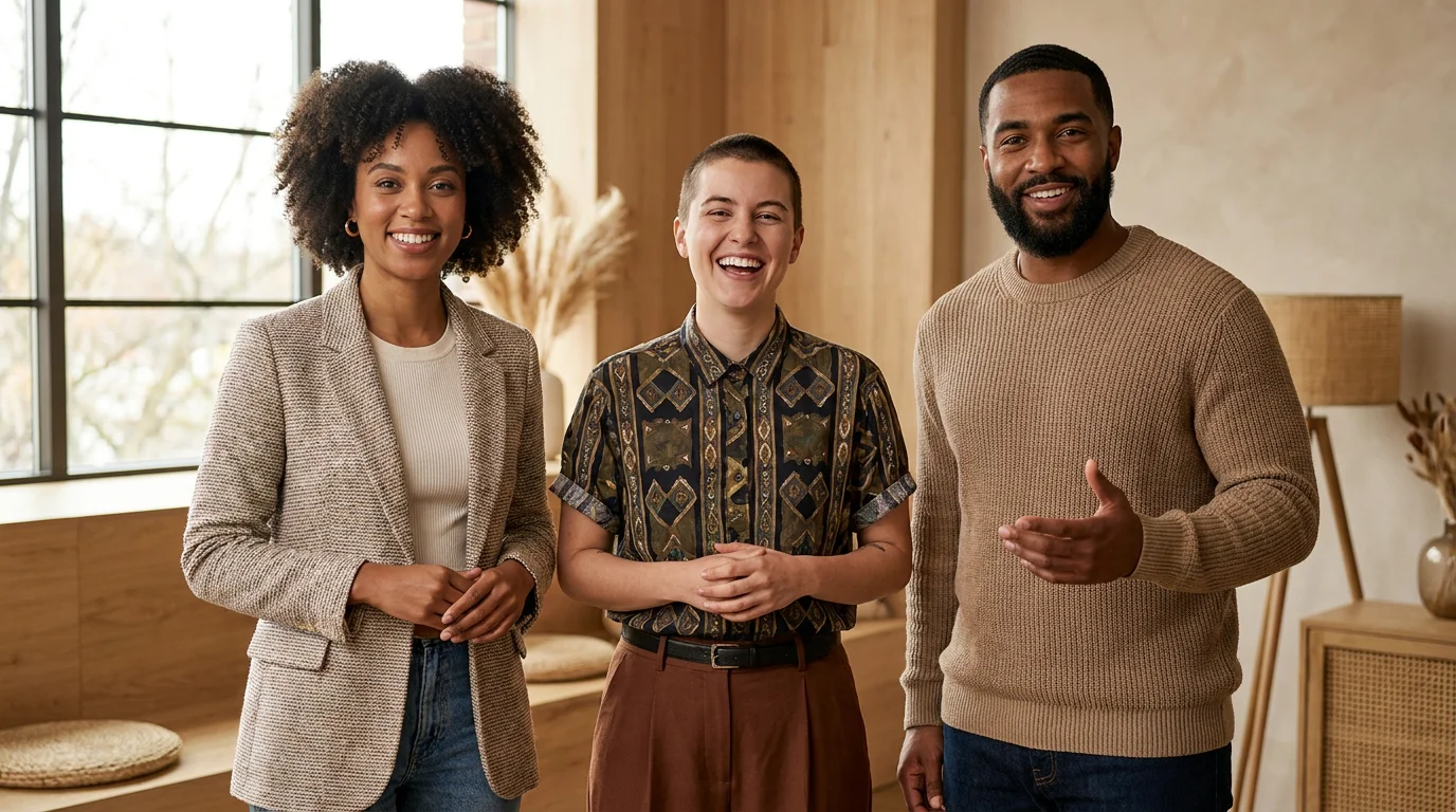 Three original diverse digital-human presenters standing together in a studio