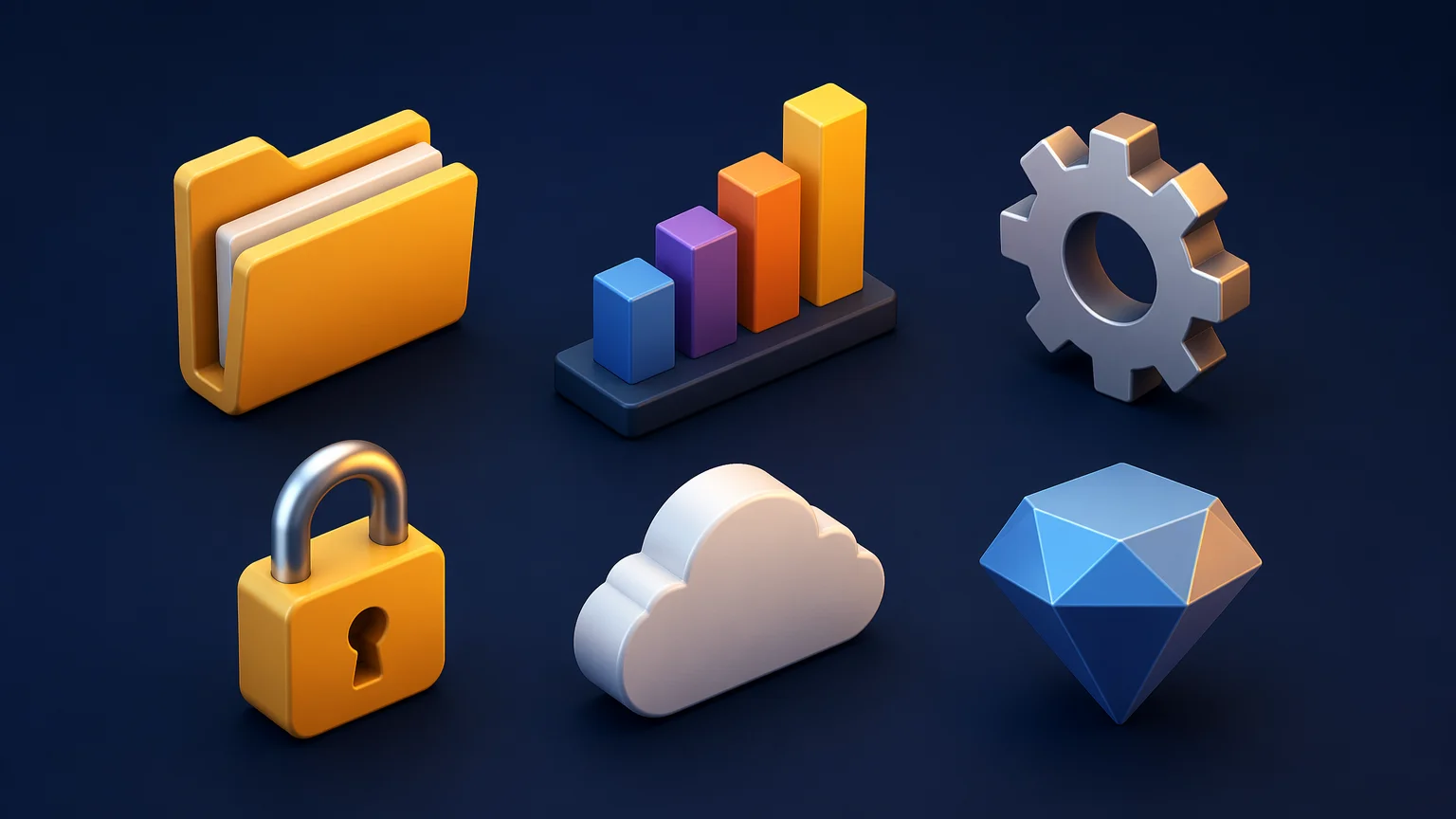 Set de iconos isométricos 3D generado por IA con fuente de luz y profundidad consistentes para dashboards