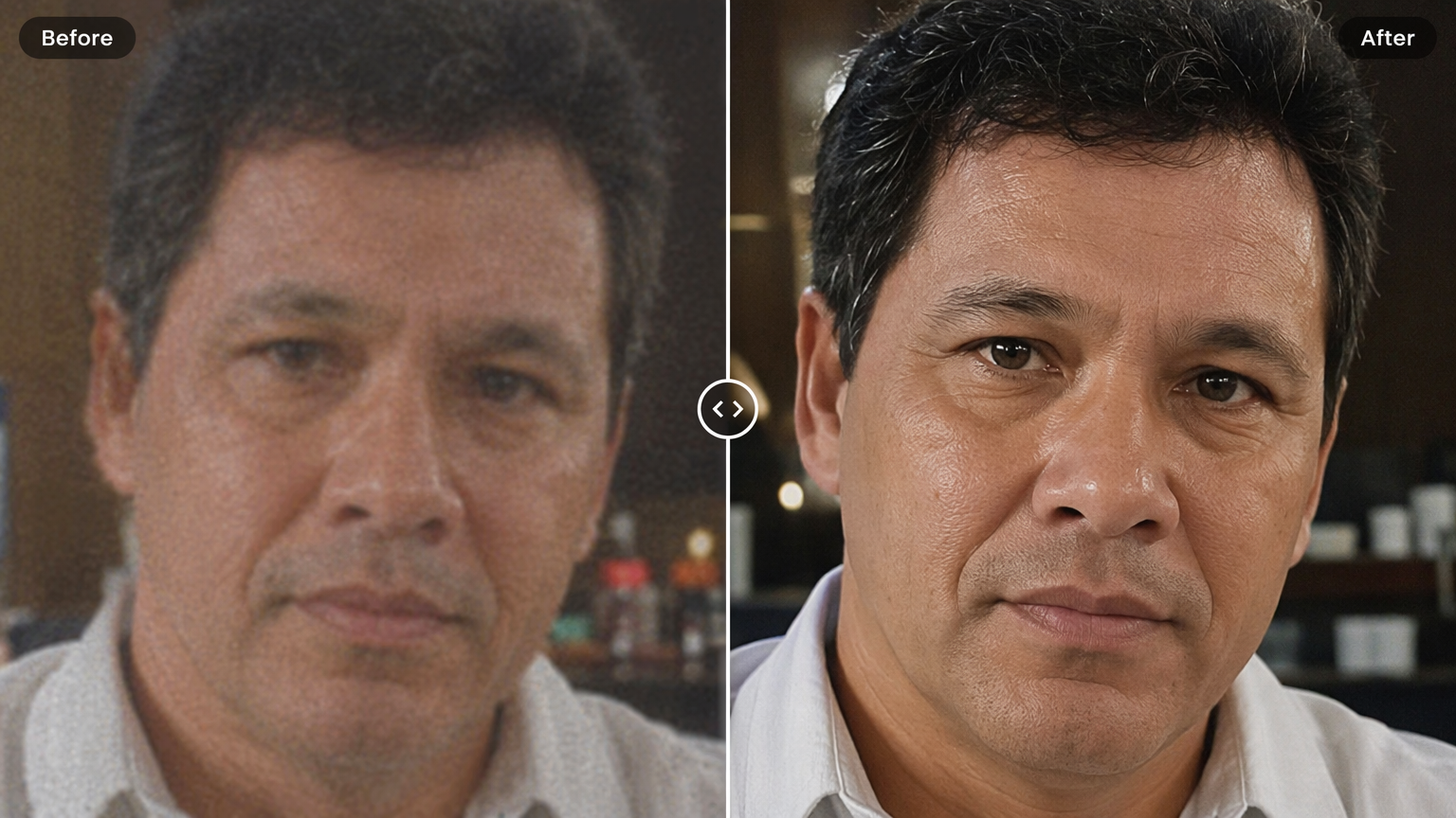 Before and after of the same original man portrait, soft and blurry versus sharp and clean
