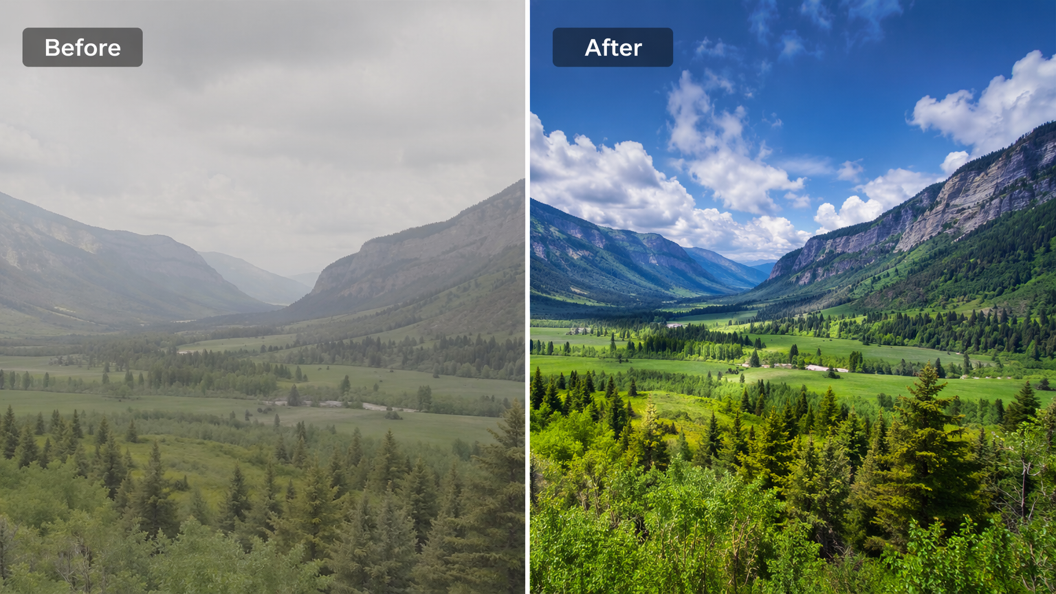 Before and after of the same original dull landscape, flat versus balanced color and contrast