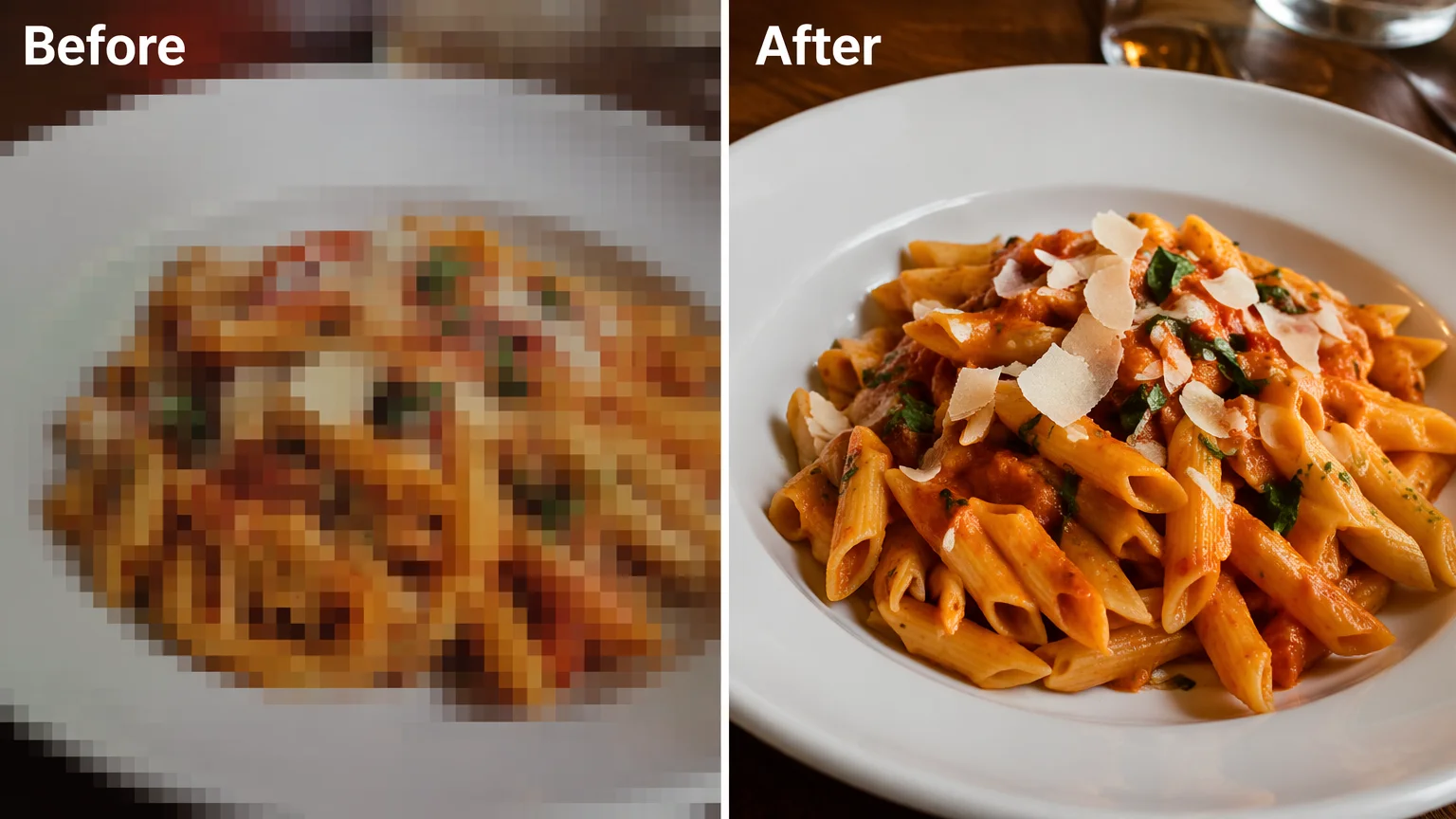 Prima e dopo della stessa foto originale di cibo, con artefatti di compressione a blocchi rispetto a dettaglio pulito