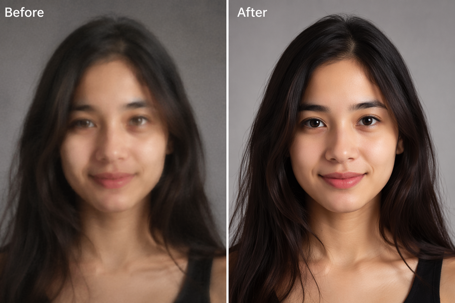 Before and after of the same original portrait — soft, dull photo versus a clean, sharp enhanced version