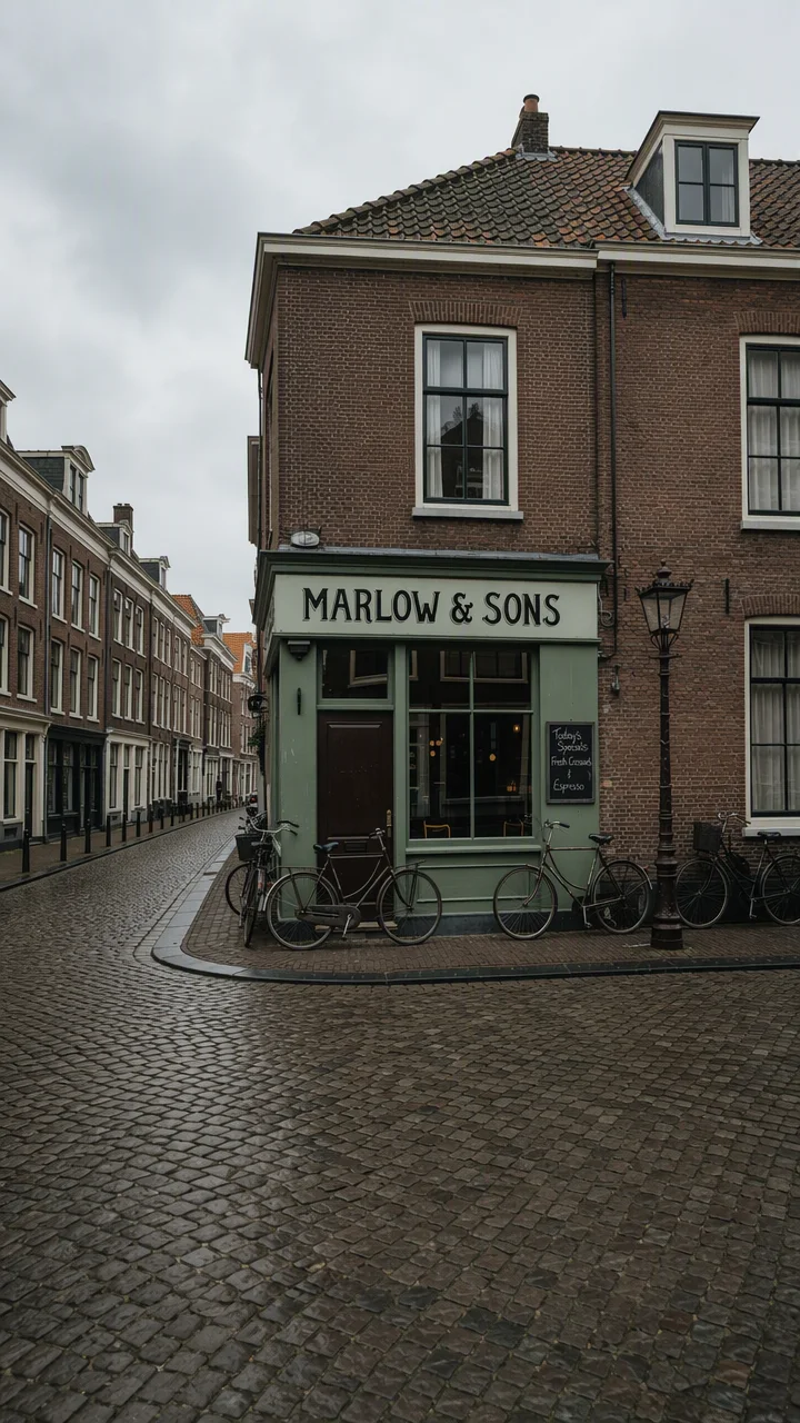 The same café photo expanded to 9:16, with an added roof, dormer windows, sky and a cobbled street in the foreground