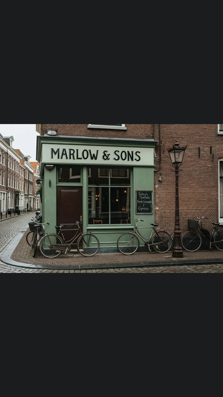 A 3:2 photo of a corner café centred in an empty 9:16 frame with grey bars above and below